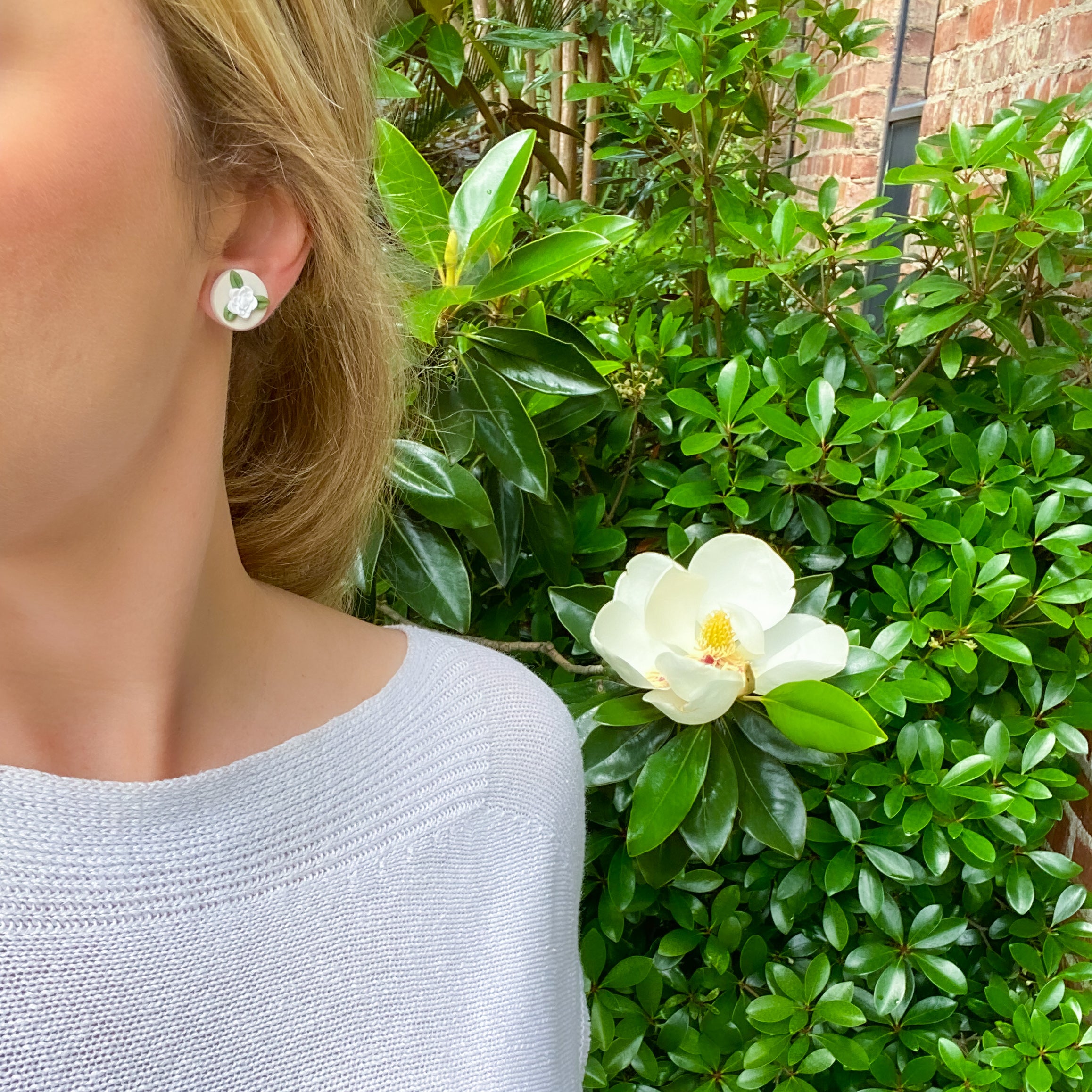 Round Magnolia Flower Stud Earrings