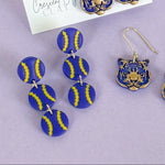 Load image into Gallery viewer, Purple &amp; Yellow Baseball Earrings
