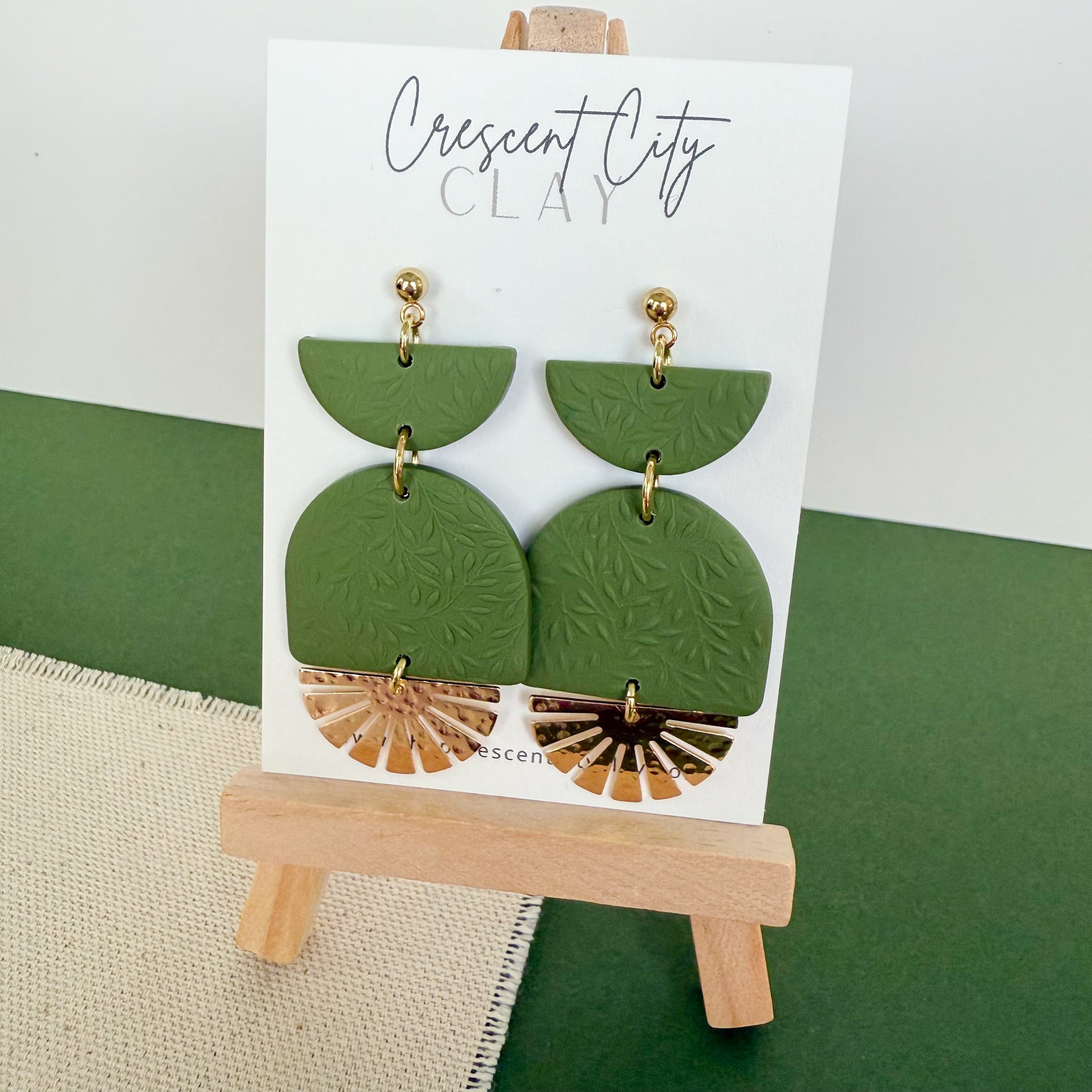 Tiered Arch Earrings with Leaf Texture in Olive