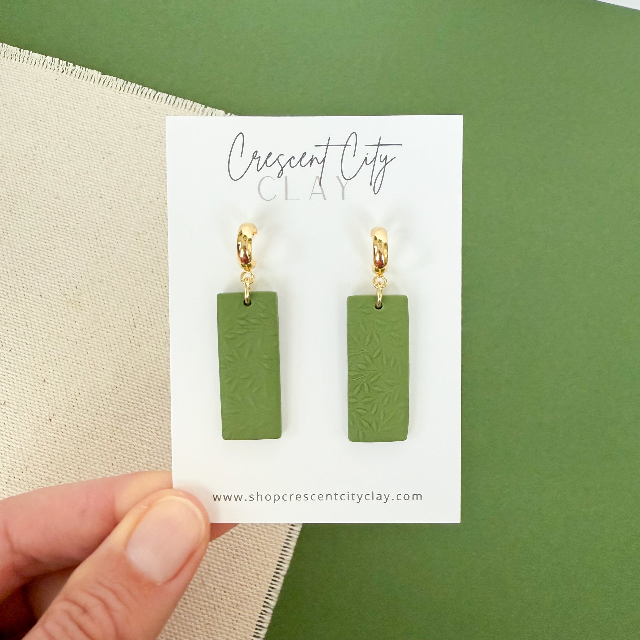Rita Earrings with Leaf Texture in Olive