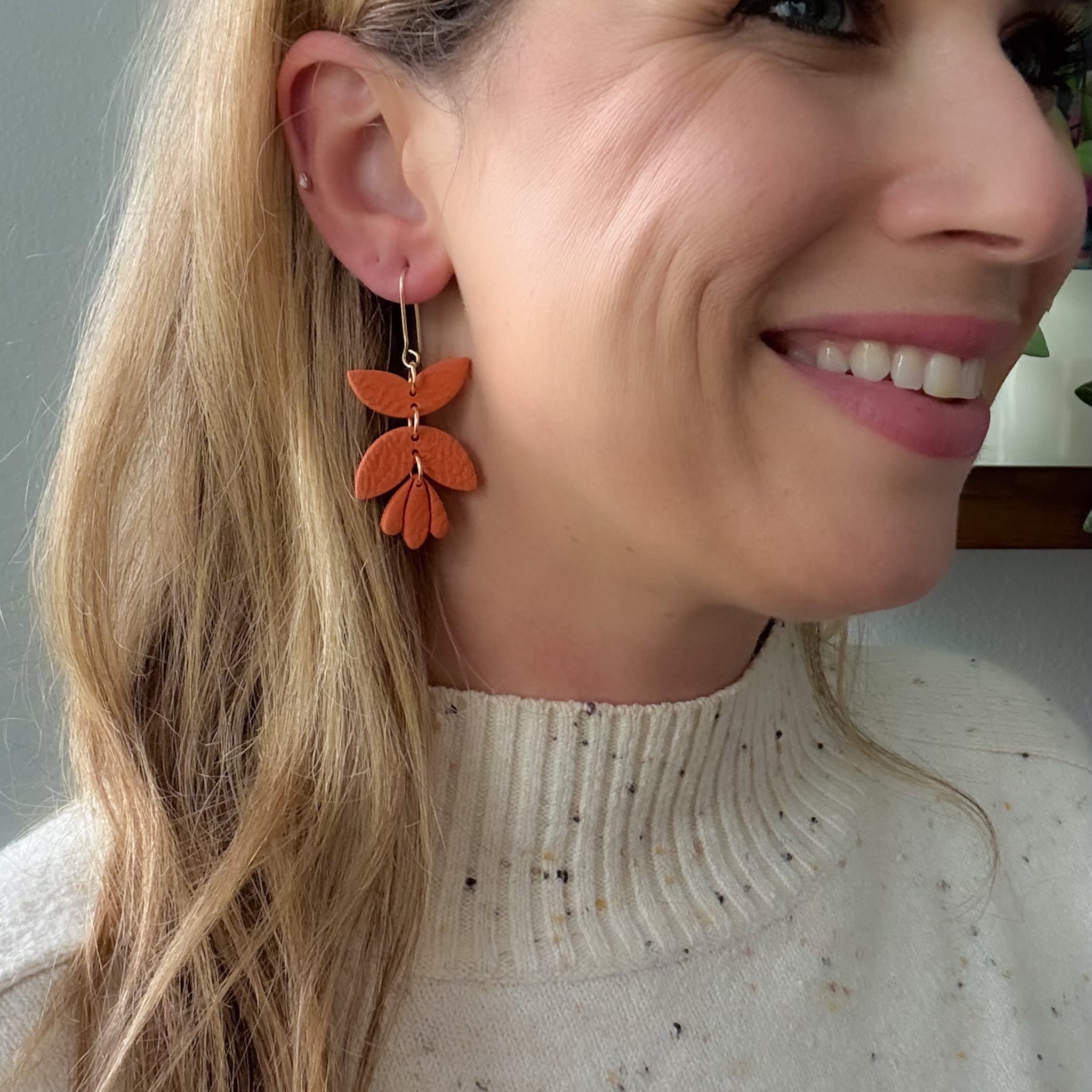 3-Tiered Leather Textured Earrings in Pumpkin