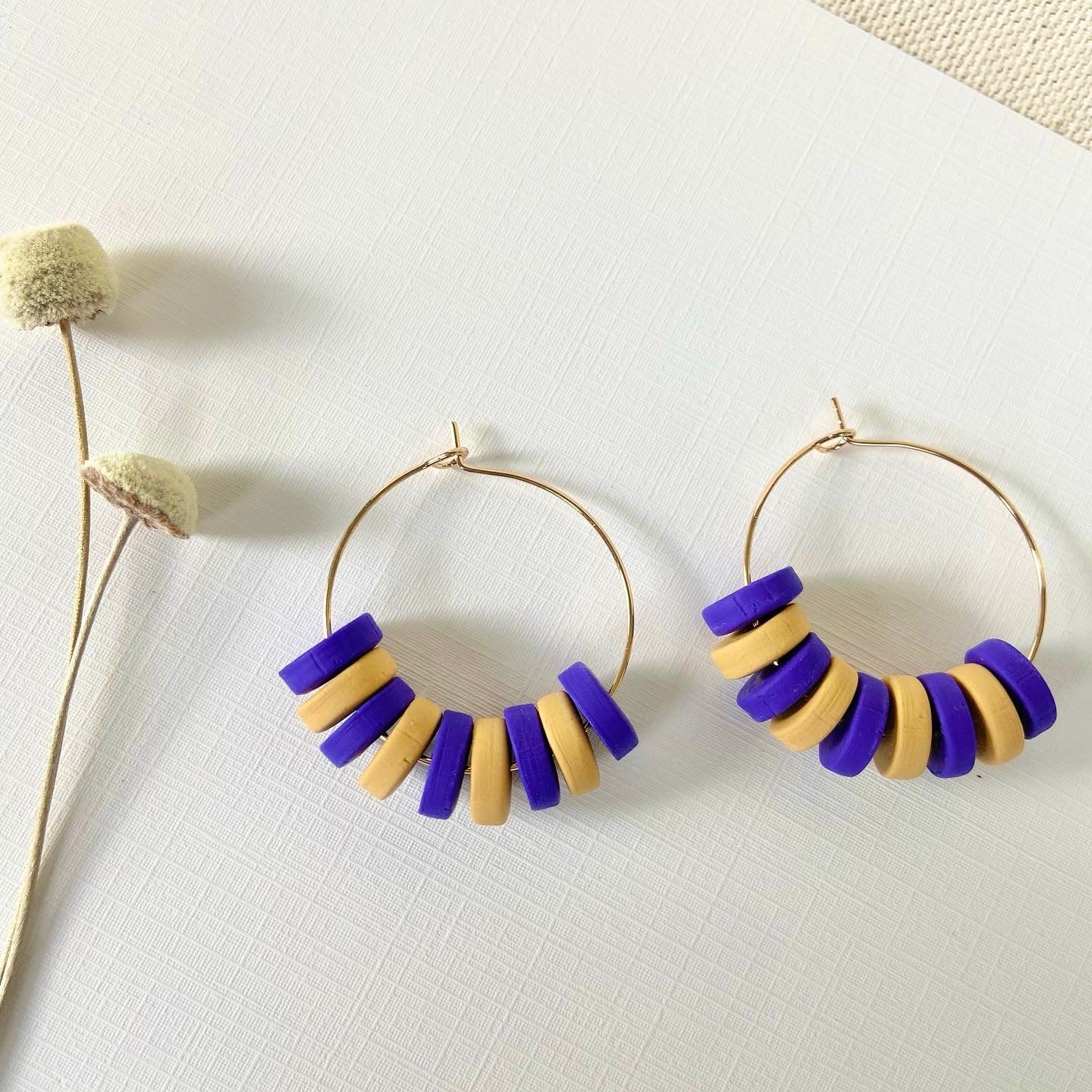 Beaded Hoop Earrings in Purple + Gold